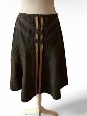 VTG Y2K DKNY CITY Midi Skirt Beaded  
Brown Yellow Ribbon Accents Boho Sz 4